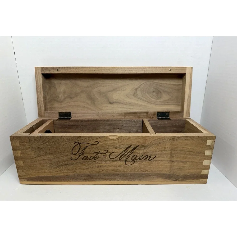 Fait Main Laser Engraved Wood Walnut Wine Box 18 Inch Magnetic Shut